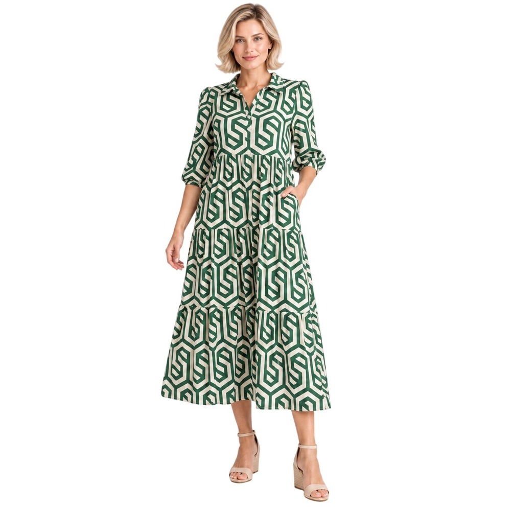 ZARA Green Cream Geometric Print Tiered Midi Shirt Dress Mod Preppy XS